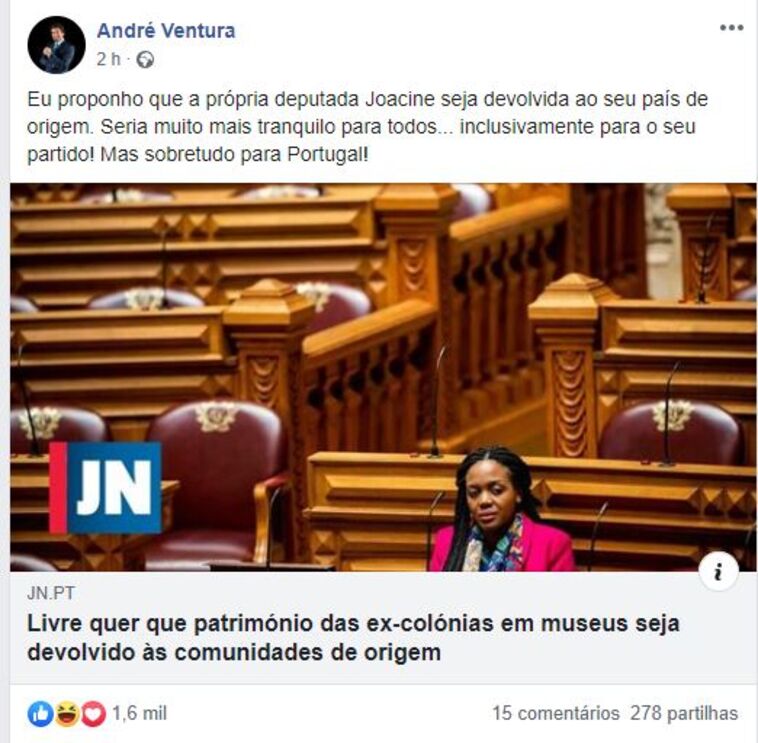 André Ventura no Facebook sobre Joacine 