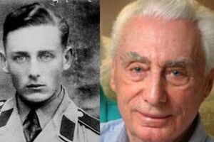 Helmut Oberlander, na juventude com uniforme militar e durante a velhice, no Canadá.