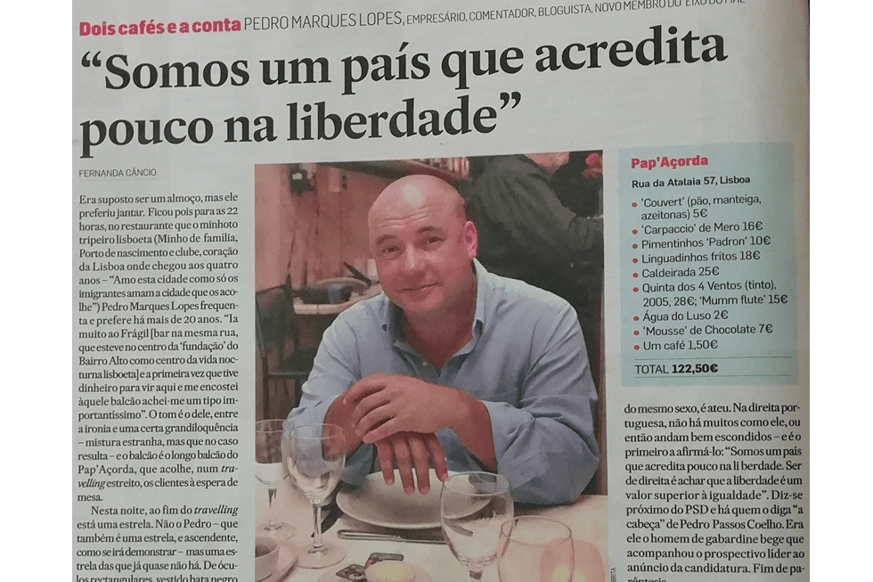 O jantar dos €127,50 entre Fernanda Câncio e o 'ilustre desconhecido' Pedro Marques Lopes. A conta que aparece no jornal (€122,50) está mal feita