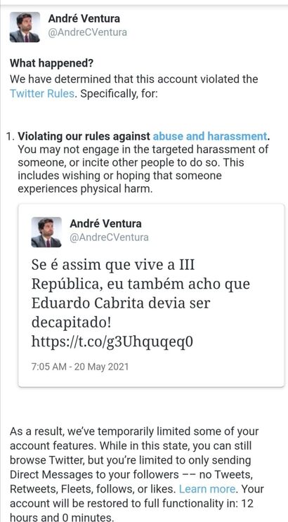 Twitter suspende conta de André Ventura após este reagir à suspensão de agente que o insultou