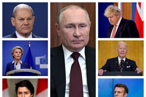 Vladimir Putin (ao centro) - Olaf Scholz, Ursula von der Leyen e Justin Trudeau (à esq.) - Boris Johnson, Joe Biden e Emmanuel Macron (à dir.)