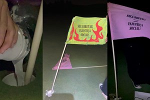 Ativistas climáticos tapam buracos de golfe com cimento em Oeiras 