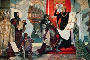 Nesta imagem D. Manuel ao centro abençoa Vasco da Gama. Era o rei que escolhia os capitães das armadas