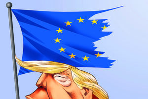 Caricatura de Trump com a bandeira da UE, aludindo a tensões políticas