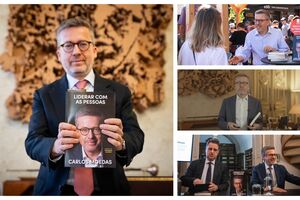 Carlos Moedas com o seu livro no gabinete em diferentes eventos