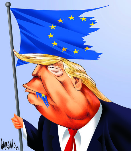 Caricatura de Trump com a bandeira da UE, aludindo a tensões políticas