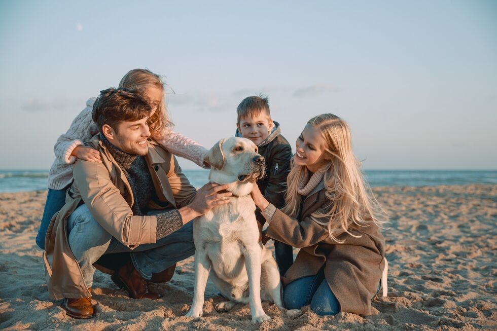 família com cão na praia