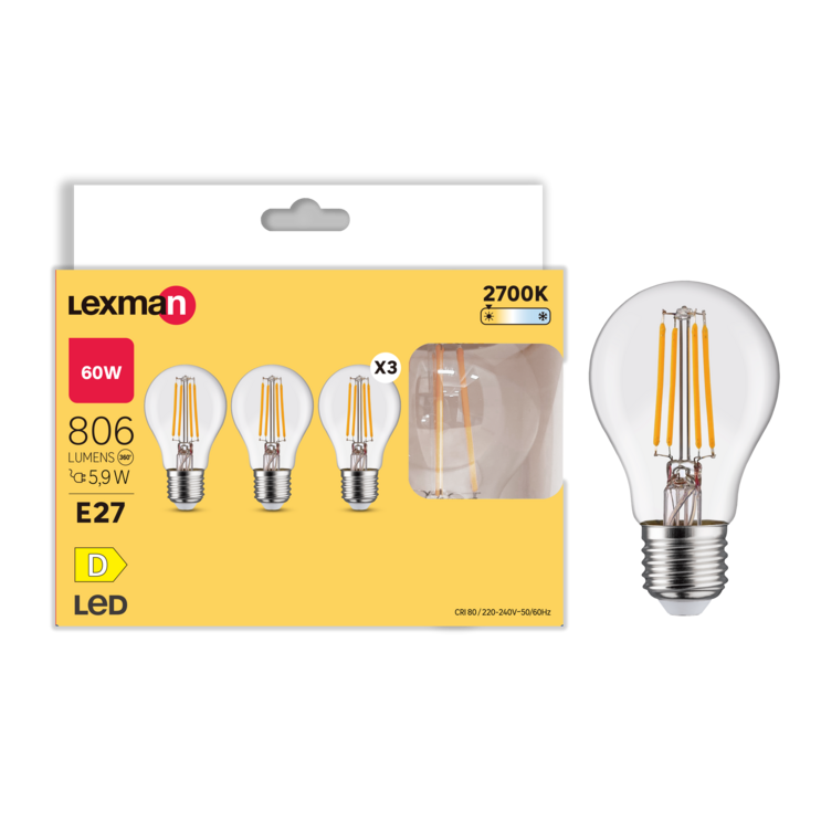 Lâmpadas LED Lexman E27, 60W, 806 lúmens, 2700K, classe energética D