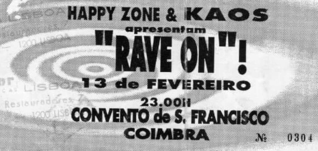Flyer a anunciar a Rave On, no Convento de São Francisco, em Coimbra (1993)