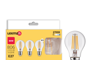 Lâmpadas LED Lexman E27, 60W, 806 lúmens, 2700K, classe energética D