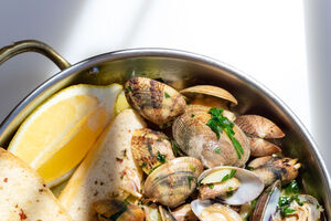 Amêijoas à Bulhão Pato, petisco tradicional português com amêijoas, alho, coentros e limão
