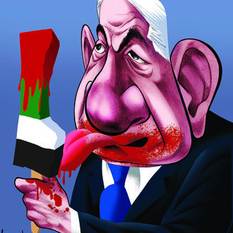 Caricatura de Netanyahu com gelado com as cores da bandeira palestiniana coberto de sangue