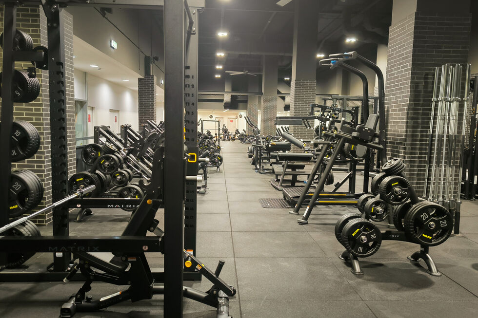 Equipamento variado numa área de pesos num ginásio