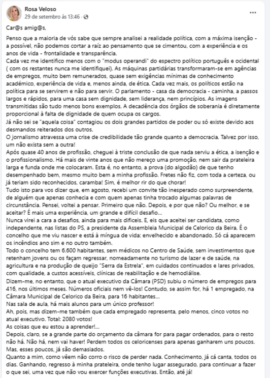 Jornalista Rosa Veloso candidata-se à Assembleia Municipal de Celorico da Beira pelo PS.
