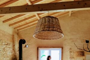 Sala rústica com lareira, cadeiras de madeira e uma mulher perto da janela