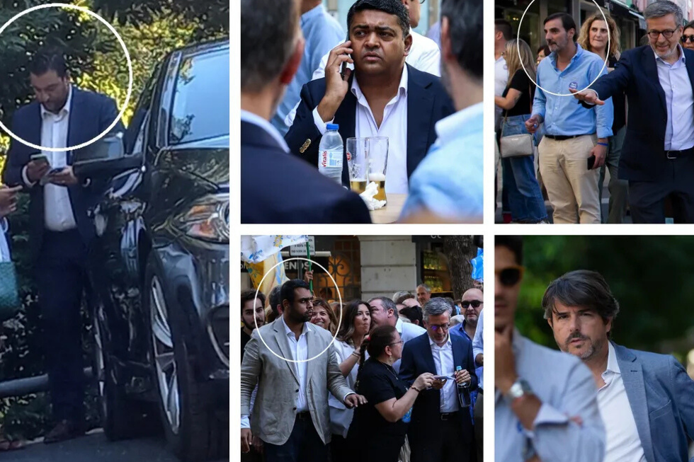 O motorista da câmara com a filha de Moedas (por ser menor não deixámos visível na imagem à esq.). Em cima, Ângelo Pereira e Afonso Costa. Em baixo, Amish Laxmidas e Luís Newton