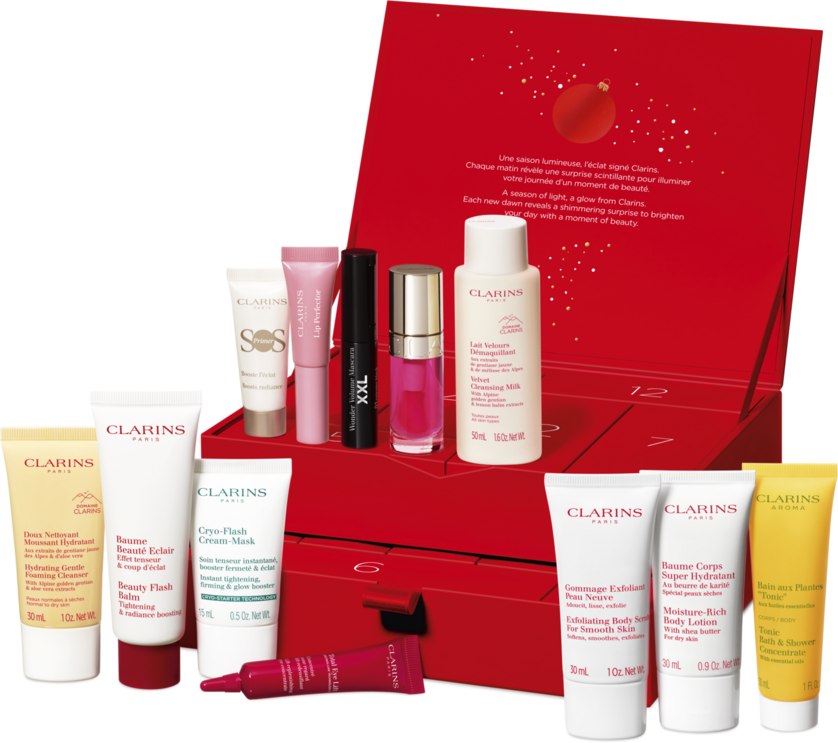 Calendário do Advento Clarins com produtos de beleza para iluminar a sua rotina