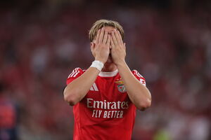 Schjelderup tapa o rosto durante o festejo do golo marcado ao Nice, na Luz