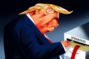 O cartoon de Vasco Gargalo mostra Donald Trump a consultar os ficheiros de Epstein