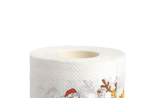 Rolo de papel higiénico com Pai Natal e renas, campanha de Natal da Natura.
