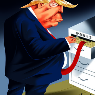 O cartoon de Vasco Gargalo mostra Donald Trump a consultar os ficheiros de Epstein