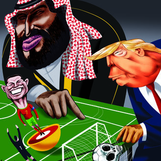 Um cartoon de Trump, Bin Salman e Ronaldo alude ao controverso jogo de futebol da Arábia Saudita