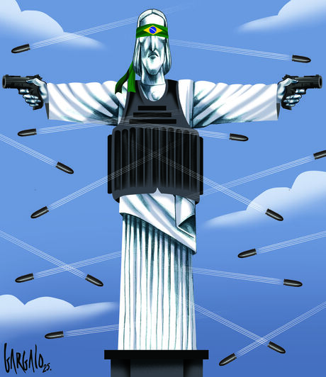 Cartoon de Vasco Gargalo retrata o Cristo Redentor com armas e colete à prova de bala