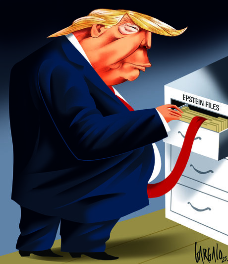 O cartoon de Vasco Gargalo mostra Donald Trump a consultar os ficheiros de Epstein