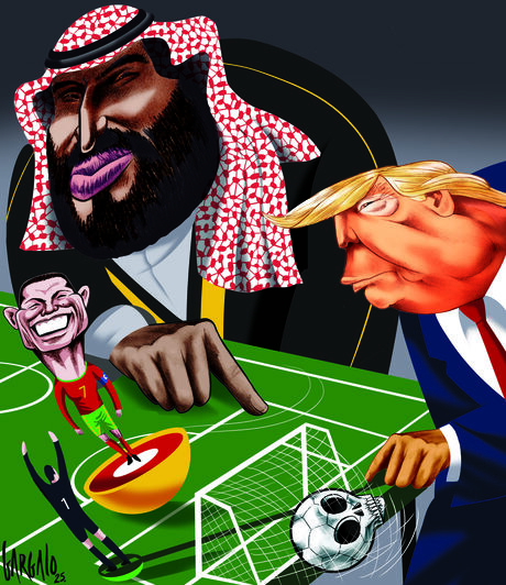 Um cartoon de Trump, Bin Salman e Ronaldo alude ao controverso jogo de futebol da Arábia Saudita