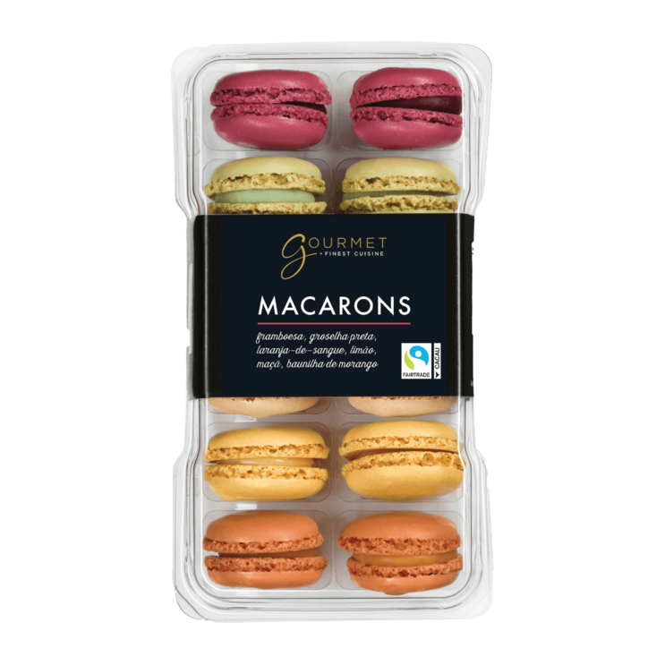 Macarons gourmet de framboesa, groselha, laranja, limão, maçã e baunilha de morango