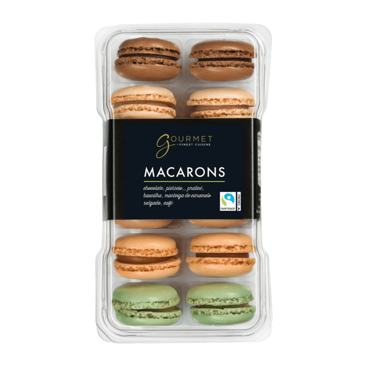 Macarons Gourmet Finest Cuisine: chocolate, pistácio, praliné, baunilha, caramelo salgado e café