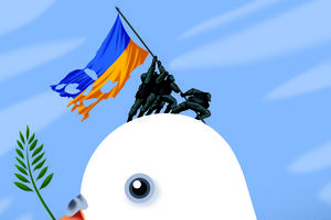 Um cartoon que mostra a pomba da paz com a bandeira da Ucrânia rota, como aliás parecem estar (rotas) as negociações para a paz no país