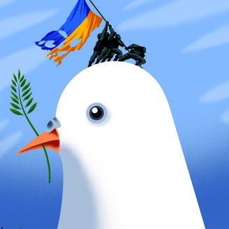Um cartoon que mostra a pomba da paz com a bandeira da Ucrânia rota, como aliás parecem estar (rotas) as negociações para a paz no país