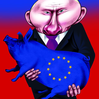 Vladimir Putin segura um porquinho mealheiro com as cores da União Europeia