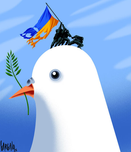 Um cartoon que mostra a pomba da paz com a bandeira da Ucrânia rota, como aliás parecem estar (rotas) as negociações para a paz no país