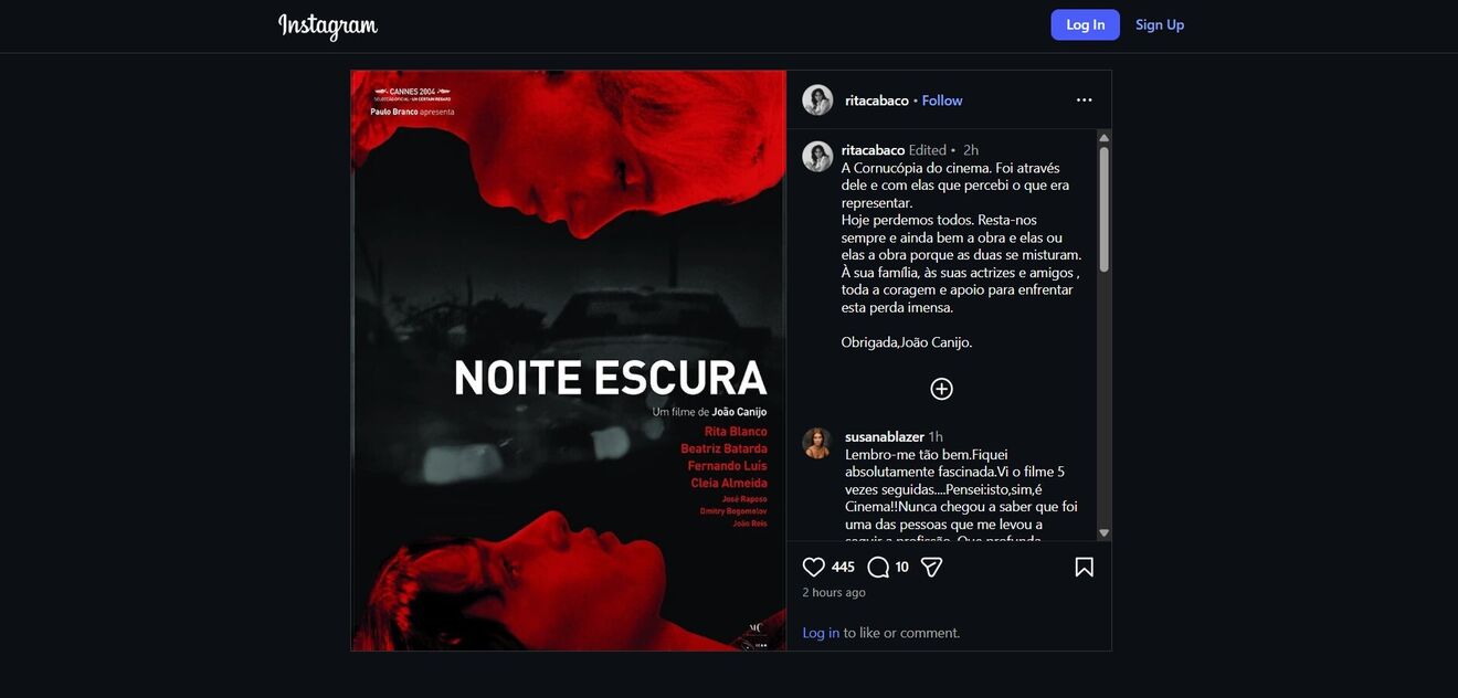 A reação da atriz Rita Cabaço, na rede social Instagram