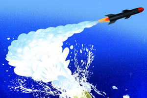 Um míssil sai de uma garrafa de champanhe com o rótulo "2026", ilustrando bem a forma como começou o ano novo em muitas regiões do Mundo