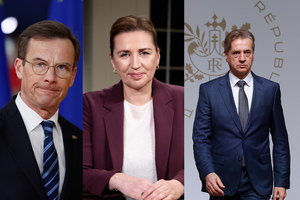 Primeiro-ministro sueco Ulf Kristersson, a primeira-ministra dinamarquesa Mette Frederiksen e o primeiro-ministro esloveno Robert Golob 