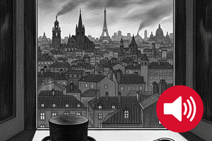 Ilustração de um conto de Eça de Queiroz com um chapéu e bengala numa janela com vista para a cidade