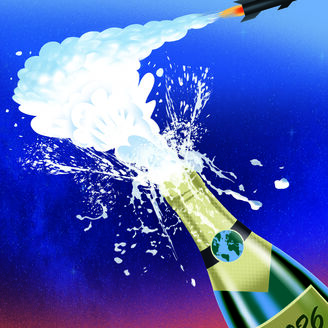 Um míssil sai de uma garrafa de champanhe com o rótulo "2026", ilustrando bem a forma como começou o ano novo em muitas regiões do Mundo