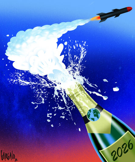 Um míssil sai de uma garrafa de champanhe com o rótulo "2026", ilustrando bem a forma como começou o ano novo em muitas regiões do Mundo