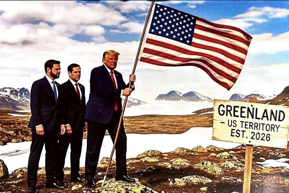 Imagem gerada por Inteligência Artificial de Trump, JD Vance e Marco Rubio colocar uma bandeira dos Estados Unidos na 'Gronelândia'