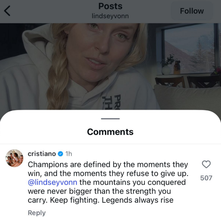 O comentário de Cristiano Ronaldo na publicação de Lindsey Vonn