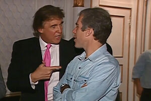 Donald Trump e Jeffrey Epstein conversam num evento