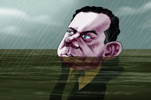 Cartoon de Vasco Gargalo retrata Luís Montenegro a 'sobreviver' às cheias que têm afetado o país