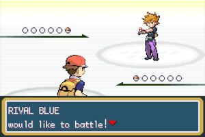 Rival Blue desafia para uma batalha Pokémon