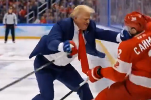 Donald Trump partilha vídeo em IA a jogar hóquei no gelo e a esmurrar jogadores do Canadá