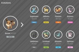Evoluções do Eevee: Vaporeon, Jolteon, Flareon, Espeon, Umbreon, Leafeon, Glaceon