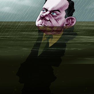 Cartoon de Vasco Gargalo retrata Luís Montenegro a 'sobreviver' às cheias que têm afetado o país