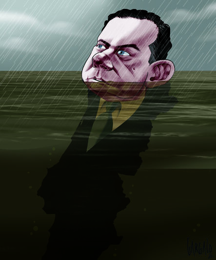 Cartoon de Vasco Gargalo retrata Luís Montenegro a 'sobreviver' às cheias que têm afetado o país